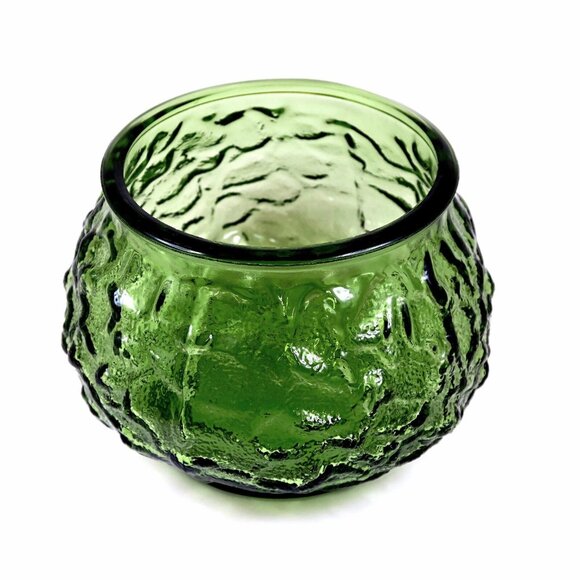 E.O. Brody Indiana Green Crinkle Glass Bowl Vase - Vintage Mid-Century Decor - Picture 2 of 5